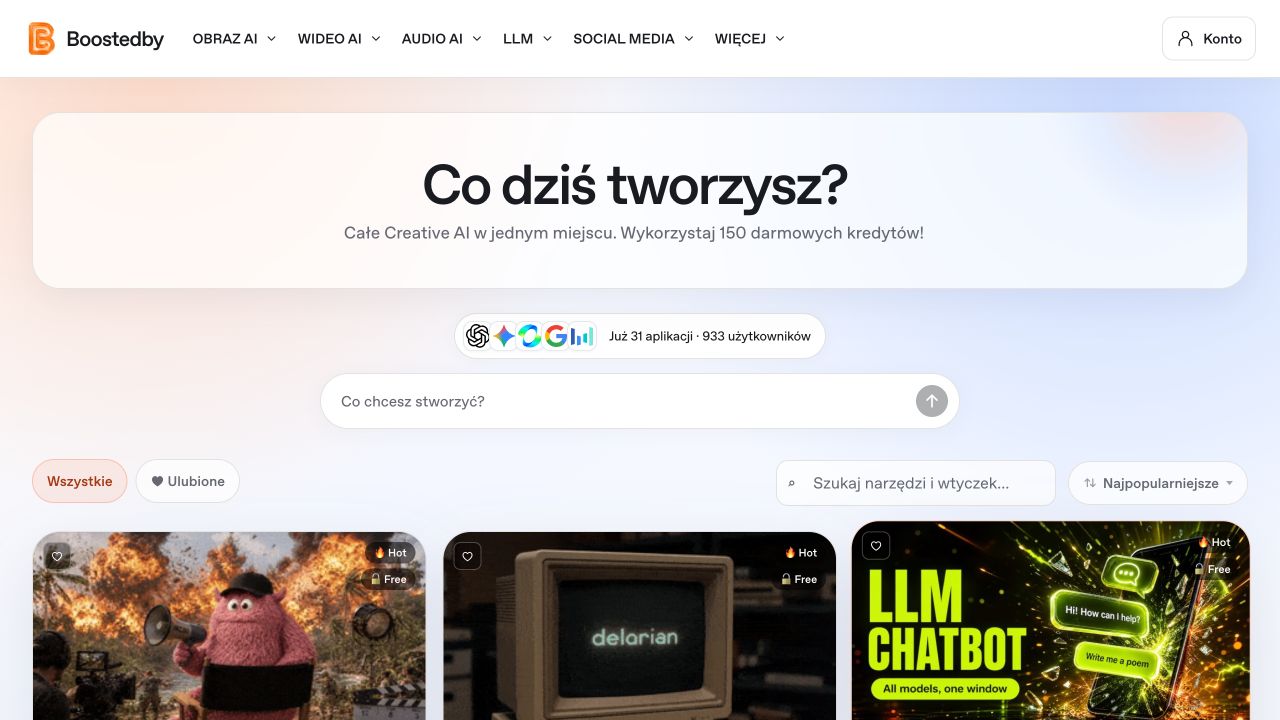 Zrzut strony głównej Boostedby.ai z nagłówkiem Co dziś tworzysz i katalogiem narzędzi AI